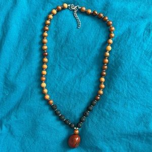 2/$30 - Red Jasper Pendant Necklace with Yew Wood and Lava Oil Diffuser Beads